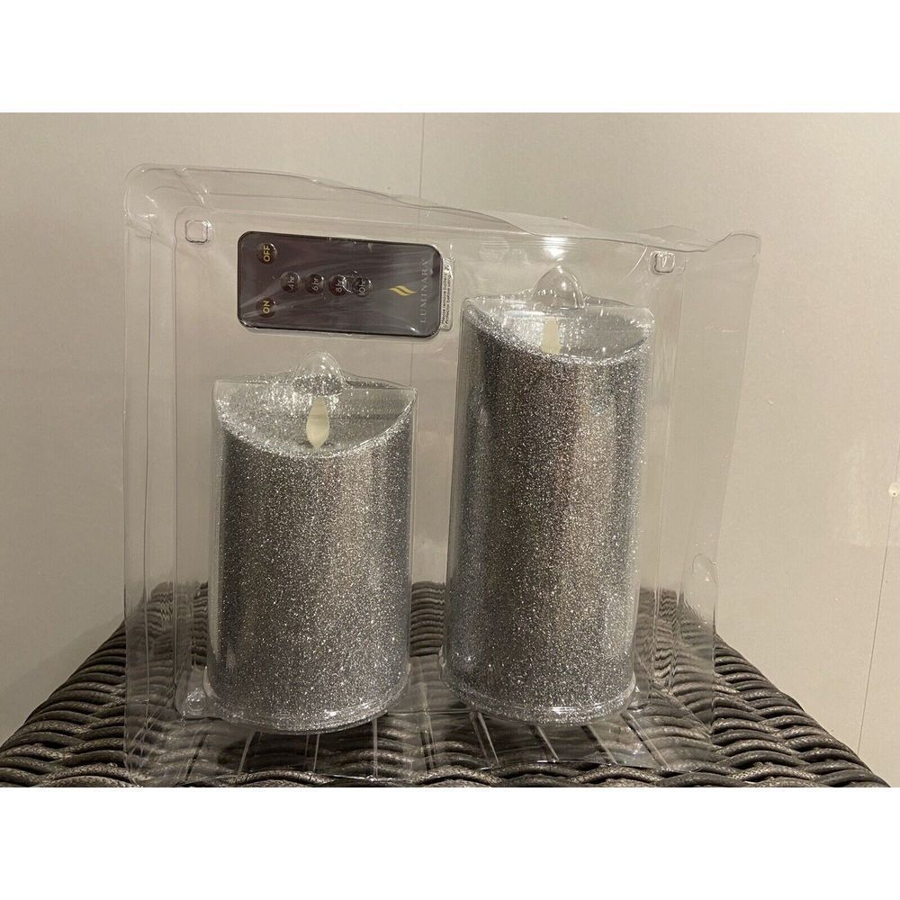 Luminara Real Flame Effect Flameless Gray Silver Glitter Pillar Candles Remote
